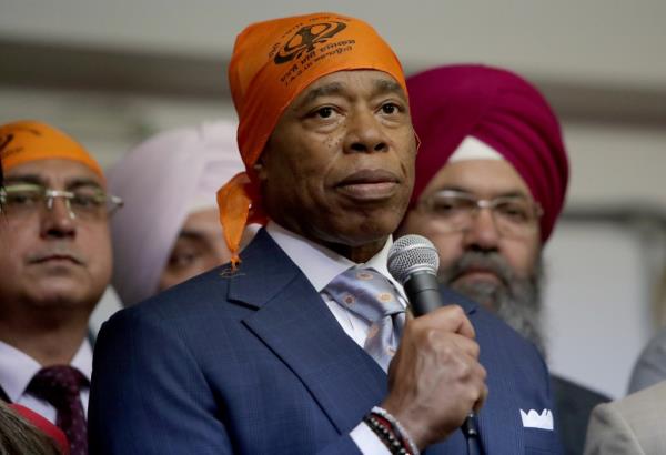 New York City Mayor Eric Adams was joined by State Assembly member Jenifer Rajkumar to address the recent death of Jasmer Singh during a press co<em></em>nference at the Baba Makhan Shah Lubana Sikh Center in the South Richmond Hill section of Queens NY on October 29, 2023.