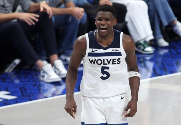 Anthony Edwards #5 of the Minnesota Timberwolves reacts during the second half in Game Four of the Western Co<em></em>nference Finals at American Airlines Center on May 28, 2024 in Dallas, Texas. 