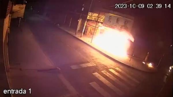 A huge fireball is seen outside the office of a mayoral candidate in the city of Morón, Argentina, during an arson attack on October 9