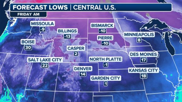 Snow map showing temperatures dropping across US