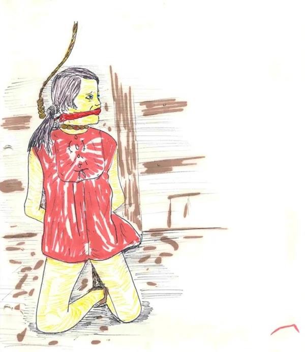 Another drawing by Rader shows a bound and gagged woman in a red top.