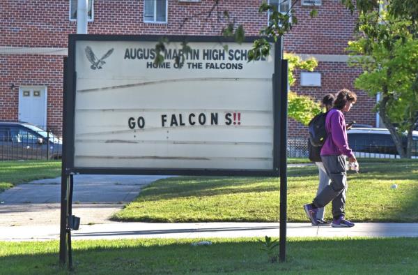 Go Falcons!! sign outside August Martin High School in Queens.