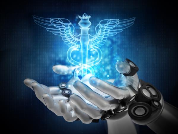 Robotic hands holding a medical symbol