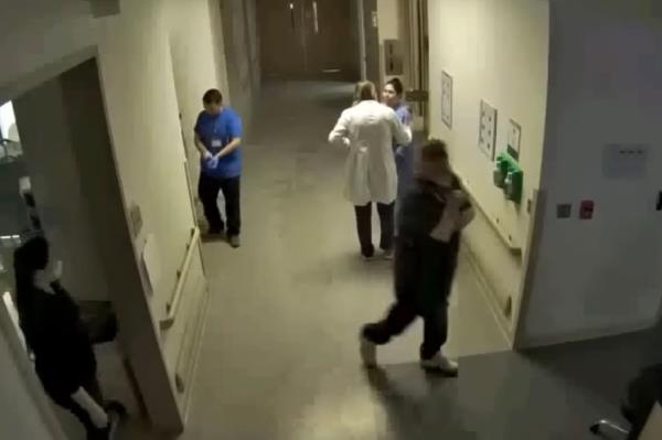 Surveillance footage of the hallway near the bathroom wher<em></em>e the baby was found.