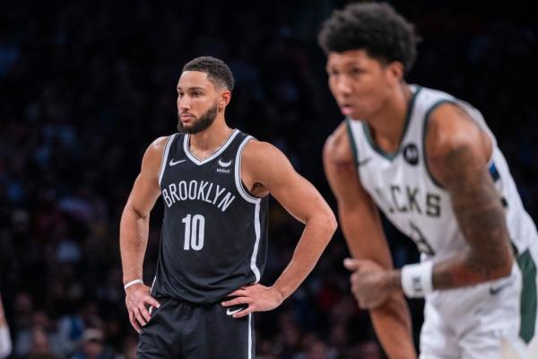 Brooklyn Nets guard Ben Simmons (10) looks on in the second half against the Milwaukee Bucks at Barclays Center, Monday, Nov. 6, 2023