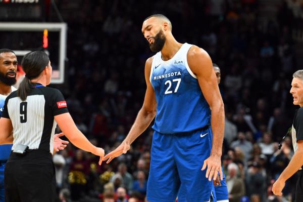 Rudy Gobert reacts after being called for a technical foul by referee Natalie Sago during the fourth quarter against the Cleveland Cavaliers.