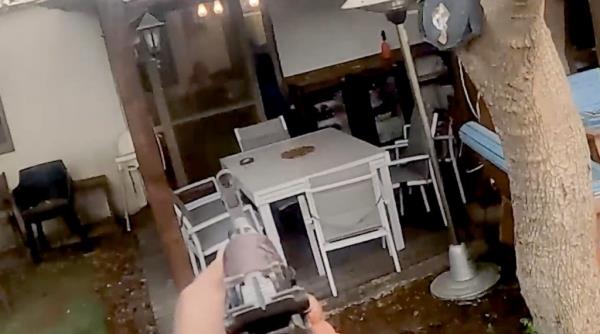 POV from gunman shooting into a person's home through a screen door. 