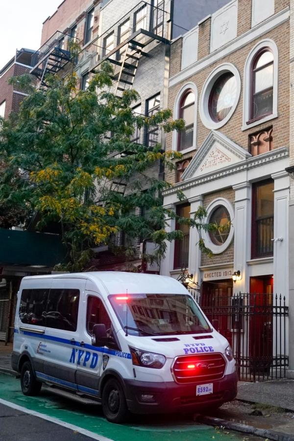 NYPD car outside synagogue.
