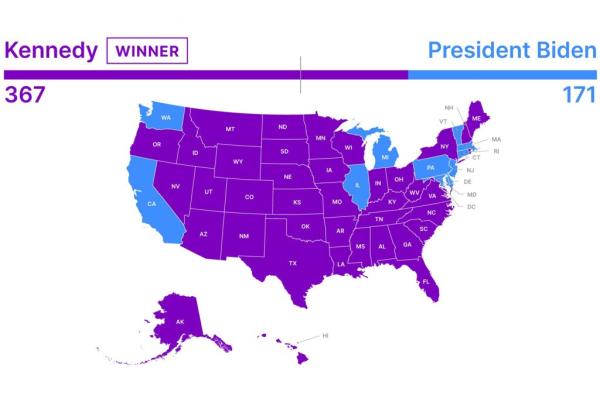 A map of the United States representing a 50-state poll for the 2024 elections, highlighting Robert F. Kennedy Jr. as the primary alternative to Do<em></em>nald Trump