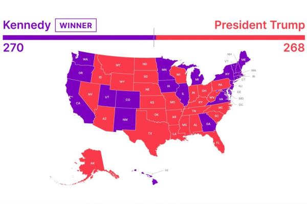 A map of the United States illustrating the results of a 50-state poll for the 2024 election cycle, suggesting Robert F. Kennedy Jr. as the main alternative to Do<em></em>nald Trump
