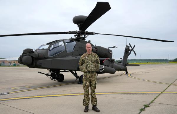King Charles III passing the role of co<em></em>lonel-in-Chief of the Army Air Corps to Prince William, Prince of Wales at an official handover ceremony