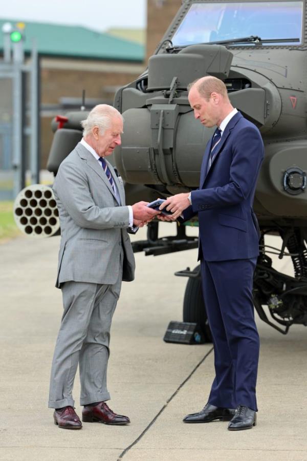 King Charles III and Prince William in suits during the official handover of the co<em></em>lonel-in-Chief role of the Army Air Corps.