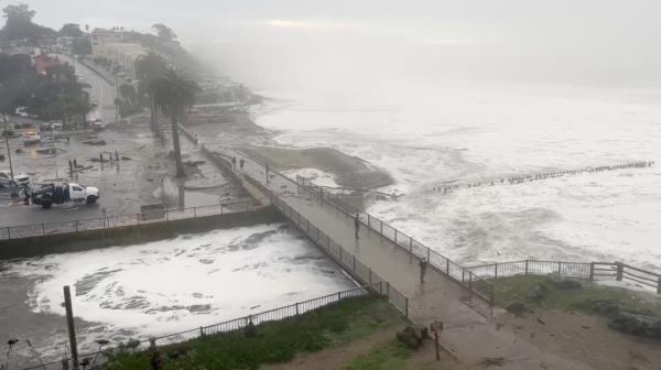 Massive waves hit the beach in Santa Cruz county, Calif., on Dec. 28, 2023. 