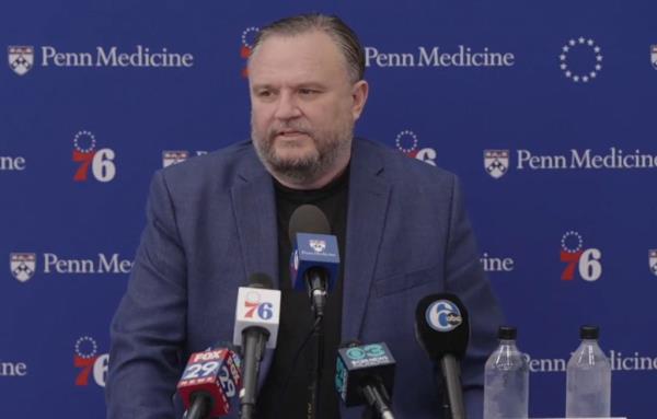 76ers president of basketball operations Daryl Morey speaks to reporters on Monday.