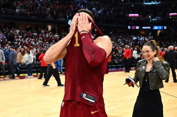 Max Strus #1 of the Cleveland Cavaliers reacts after making a half-court buzzer-beater shot to defeat the Dallas Mavericks at Rocket Mortgage 