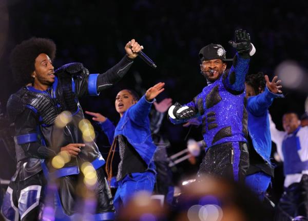 Ludacris and Usher performing during the Super Bowl LVIII halftime show at Allegian Stadium in Las Vegas.