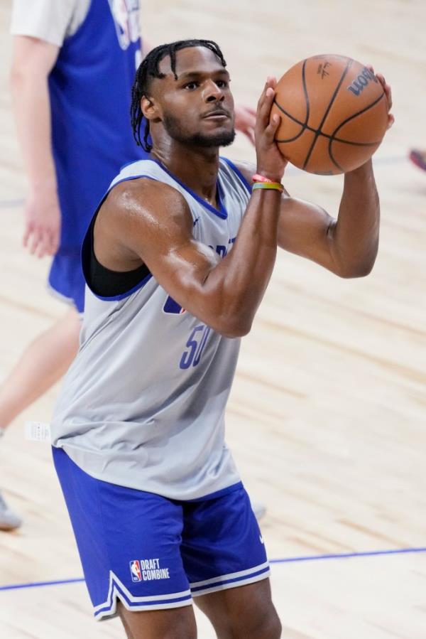 Bro<em></em>nny James shoots a free throw during the 2024 NBA basketball Draft Combine in Chicago, Tuesday, May 14, 2024. 