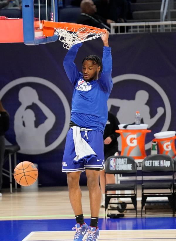 Bro<em></em>nny James participates in the 2024 NBA Draft Combine at Wintrust Arena on May 15, 2024. 
