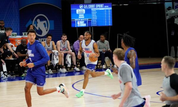 Bro<em></em>nny James (50) participates during the 2024 NBA Draft Combine  at Wintrust Arena on May 14, 2024. 