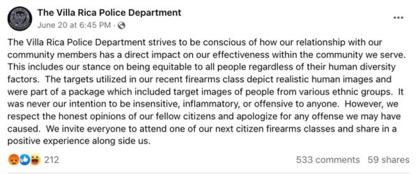 Police department's apology on Facebook