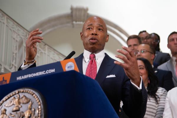 Mayor Eric Adams touted the city's $107 billion budget agreement at a City Hall press co<em></em>nference on June 29, 2023.