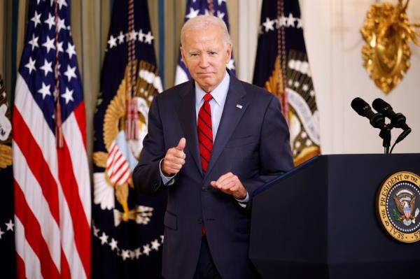 President Joe Biden is pictured giving a thumbs-up after a speech on Wednesday.