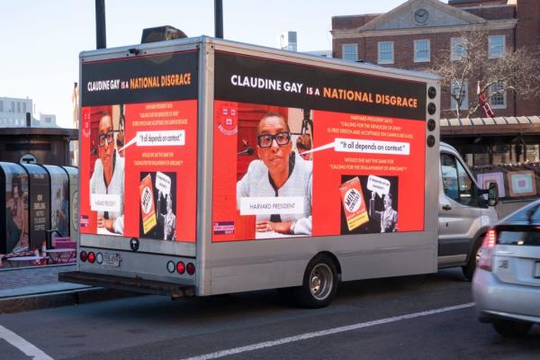A billboard truck called for the resignation of former Harvard President Claudine Gay.
