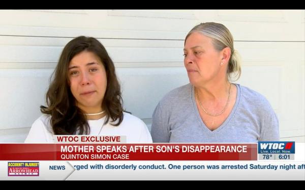 Leilani Simon appears on television news a<em></em>bout the disappearance of her son before his body was found. She looks upset as she speaks a<em></em>bout the case.