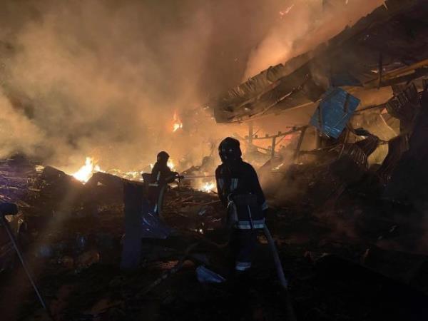 epa10799378 A handout picture made available by the State Emergency Service shows rescuers working at the place of rocket debris falling on a hypermarket in the southern Ukrainian city of Odesa, Ukraine, 14 August 2023 amid the Russian invasion. Odesa was attacked overnight with eight rockets and 15 shock drones, all of them shot down according to a statement from the Ukraine Air Force. At least three people were injured as State Emergency Service reported. Russian troops entered Ukrainian territory in February 2022, starting a co<em></em>nflict that has provoked destruction and a humanitarian crisis. EPA/STATE EMERGENCY SERVICE HANDOUT HANDOUT HANDOUT HANDOUT EDITORIAL USE ONLY/NO SALES