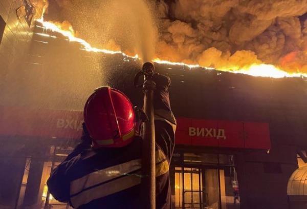 epa10799377 A handout picture made available by the State Emergency Service shows rescuers working at the place of rocket debris falling on a hypermarket in the southern Ukrainian city of Odesa, Ukraine, 14 August 2023 amid the Russian invasion. Odesa was attacked overnight with eight rockets and 15 shock drones, all of them shot down according to a statement from the Ukraine Air Force. At least three people were injured as State Emergency Service reported. Russian troops entered Ukrainian territory in February 2022, starting a co<em></em>nflict that has provoked destruction and a humanitarian crisis. EPA/STATE EMERGENCY SERVICE HANDOUT HANDOUT HANDOUT HANDOUT EDITORIAL USE ONLY/NO SALES