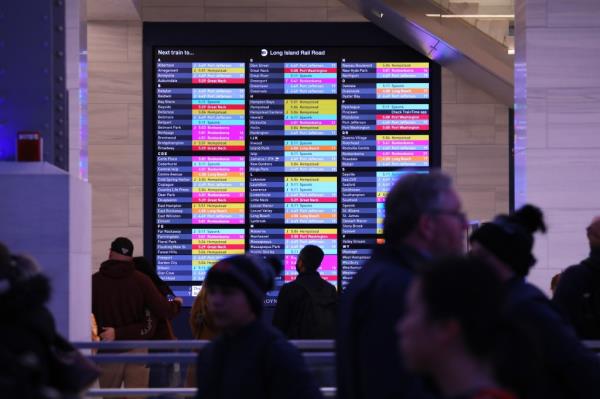 The LIRR departure board located in the Moynihan Building, not Penn Station, in Manhattan, NY on Januuary 16, 2023.