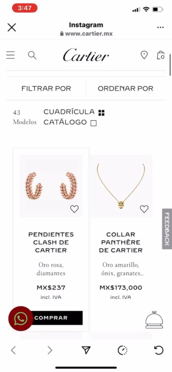 A screenshot of Cartier's glitched website in Mexico. 