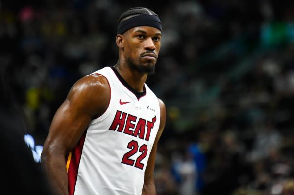 Jimmy Butler #22 of the Miami Heat looks on during the second half of a game against the Utah Jazz.