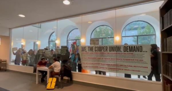 Pro-Palestine protesters rallied outside the Cooper Unio<em></em>n library.