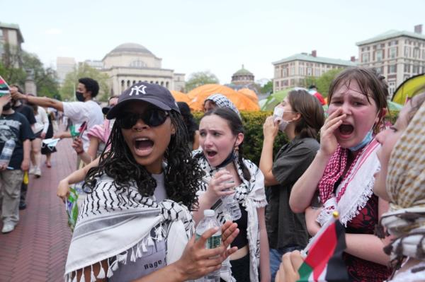 Protestors gather at a pro-Palestinian encampment on the lawn of Columbia University after a deadline was issued on Monday, April 29, 2024 in New York, N.Y.