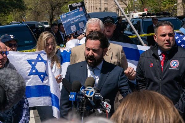 NEW YORK, NEW YORK - APRIL 22: U.S. Rep. Mike Lawler (R-NY) speaks during a press co<em></em>nference outside of Columbia University on April 22, 2024 in New York City.