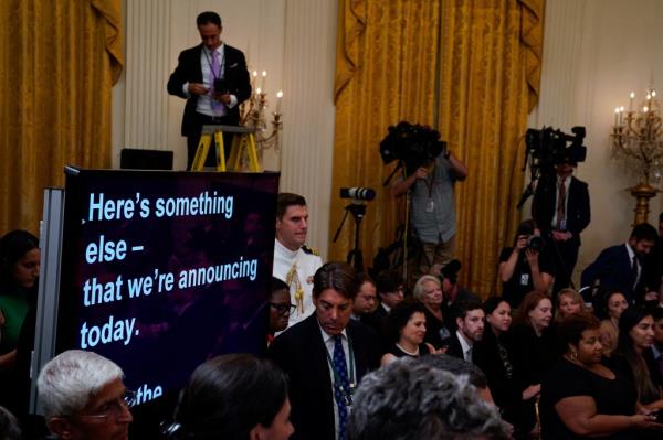 A teleprom<em></em>pter is seen as U.S. President Joe Biden delivers remarks on access to mental health care in the East Room of the White House in Washington, U.S., July 25, 2023. 
