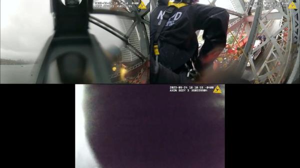 Body camera footage form cops shows ESU officers talk a man down from jumping off the Williamsburg Bridge.</p>

<p>　　