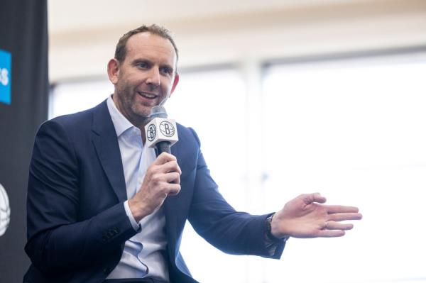 Nets general manager Sean Marks speaks at an introductory press co<em></em>nference for head coach Jordi Fernandez
