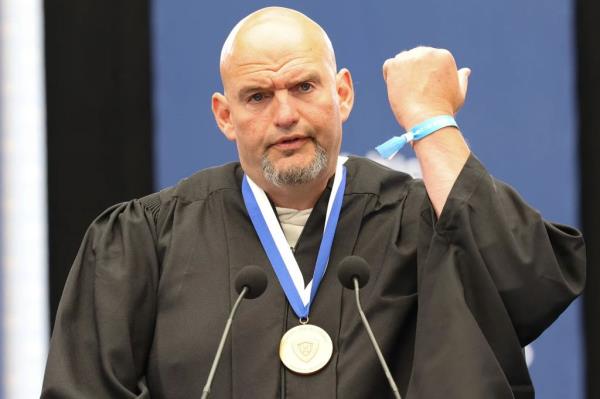 Sen. John Fetterman speaking at the Yeshiva University commencement ceremony in Queens on May 29, 2024.