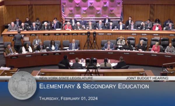 Group of people sitting and talking in Education Budget hearing in Albany, NY