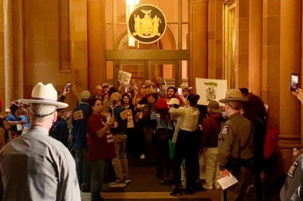 Housing activists rallying outside of Gov.Kathy Hochul's office in Albany on April 9, 2024.