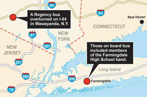 Map shows the location of the REgency bus crash in regard to Farmingdale High School on Long Island.