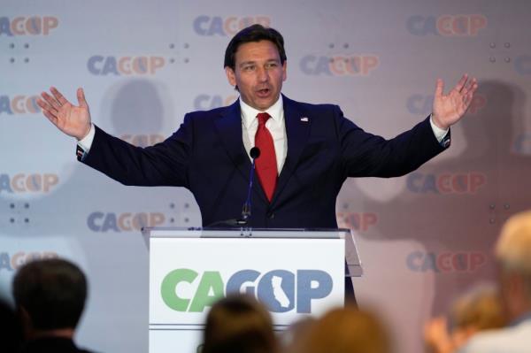 Florida Gov. Ron DeSantis speaks at the California Republican Party Co<em></em>nvention Friday, Sept. 29, 2023, in Anaheim, Calif.