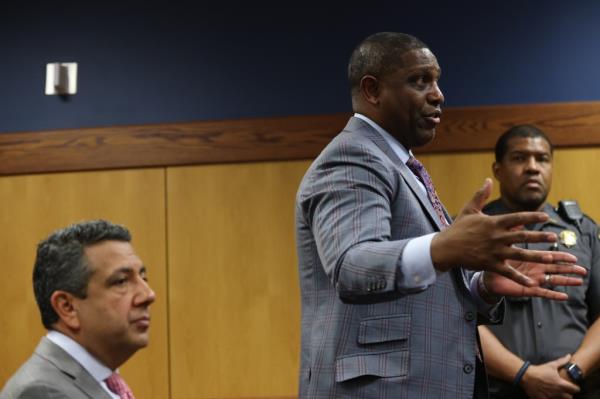 Attorneys Navan Ward and Bimal Chopra, who represent witness Terrence Bradley, speak to Fulton County Superior Judge Scott McAfee  during a hearing in the case of the State of Georgia v. Do<em></em>nald John Trump at the Fulton County Courthouse on in Atlanta, Georgia. 