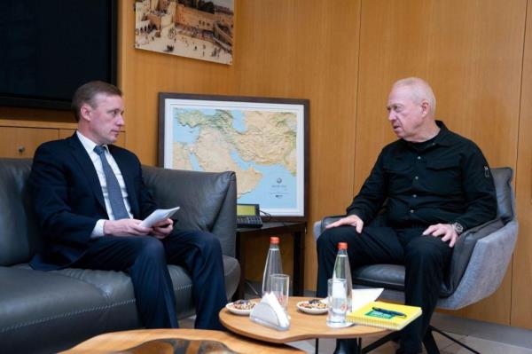 A handout photo made available by Israel's Government Press Office (GPO) shows Israel's Defense Minister Yoav Gallant (R) with US Natio<em></em>nal Security Advisor Jake Sullivan during a meeting at the Ministry of Defense Headquarters in Tel Aviv, Israel, 20 May 2024.