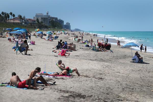 People enjoying the beach under the sun with the ocean in the background.