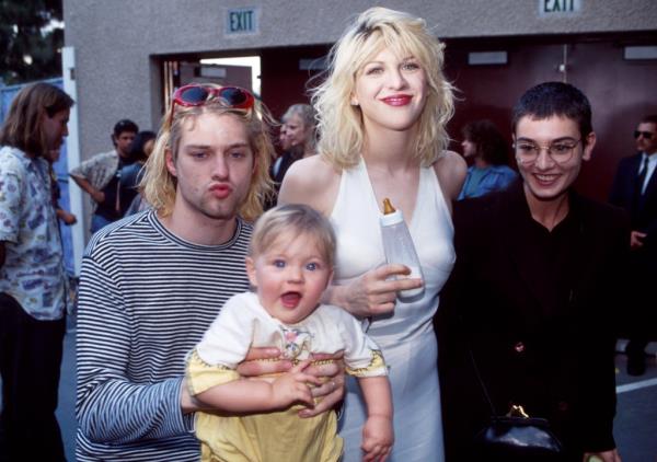 Kurt Cobain holding baby Frances, and with Courtney Love with her arm around Sinead O'Connor