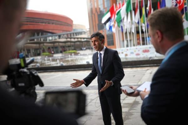 NEW DELHI, INDIA - SEPTEMBER 09: Prime Minister Rishi Sunak of the United Kingdom speaks to the media at the G20 Leaders' Summit on September 9, 2023 in New Delhi, Delhi. This 18th G20 Summit between 19 countries and the European Unio<em></em>n, and now the African Unio<em></em>n, is the first to be held in India and South Asia. India's Prime Minister, Narendra Modi, is the current G20 President and chairs the summit. (Photo by Dan Kitwood/Getty Images)