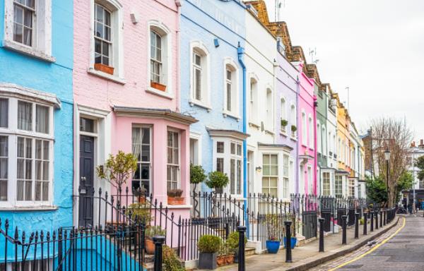 Multi-coloured street of houses in Chelsea, London